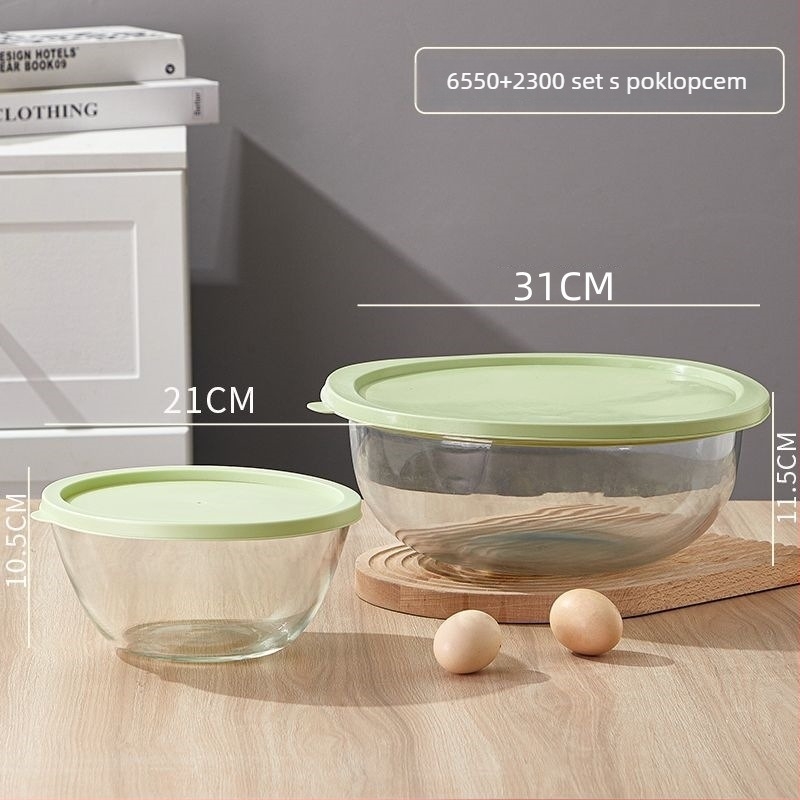 Staklena zdjela za miješanje – otporna na visoke temperature, mikrovalna sigurna, okrugla, moderan minimalistički dizajn; pogodna za mijesanje tijesta, fermentaciju i pečenje