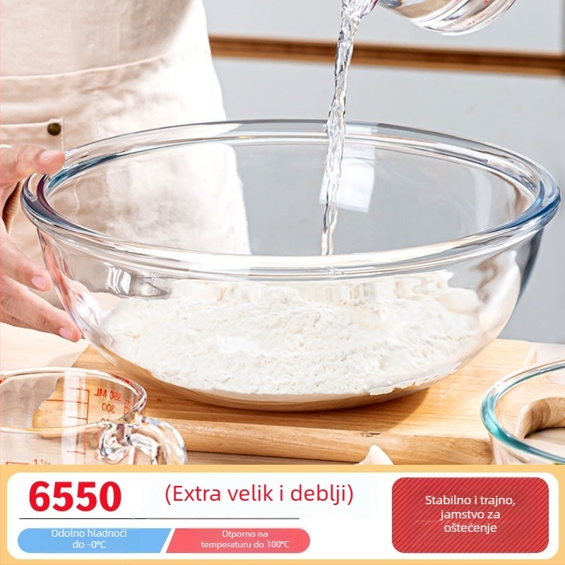 Staklena zdjela za miješanje – otporna na visoke temperature, mikrovalna sigurna, okrugla, moderan minimalistički dizajn; pogodna za mijesanje tijesta, fermentaciju i pečenje