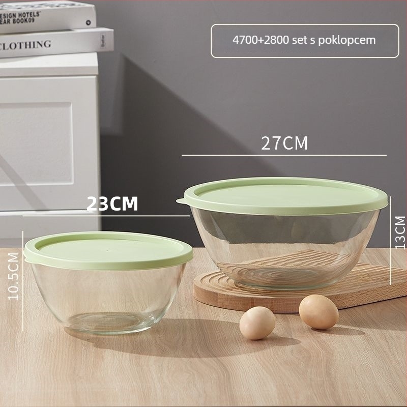 Staklena zdjela za miješanje – otporna na visoke temperature, mikrovalna sigurna, okrugla, moderan minimalistički dizajn; pogodna za mijesanje tijesta, fermentaciju i pečenje
