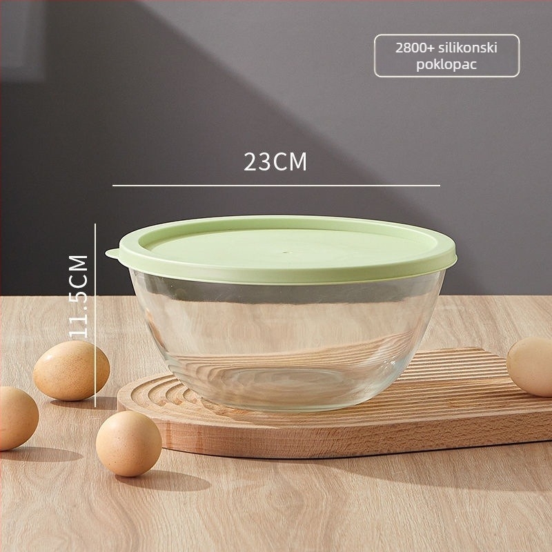 Staklena zdjela za miješanje – otporna na visoke temperature, mikrovalna sigurna, okrugla, moderan minimalistički dizajn; pogodna za mijesanje tijesta, fermentaciju i pečenje