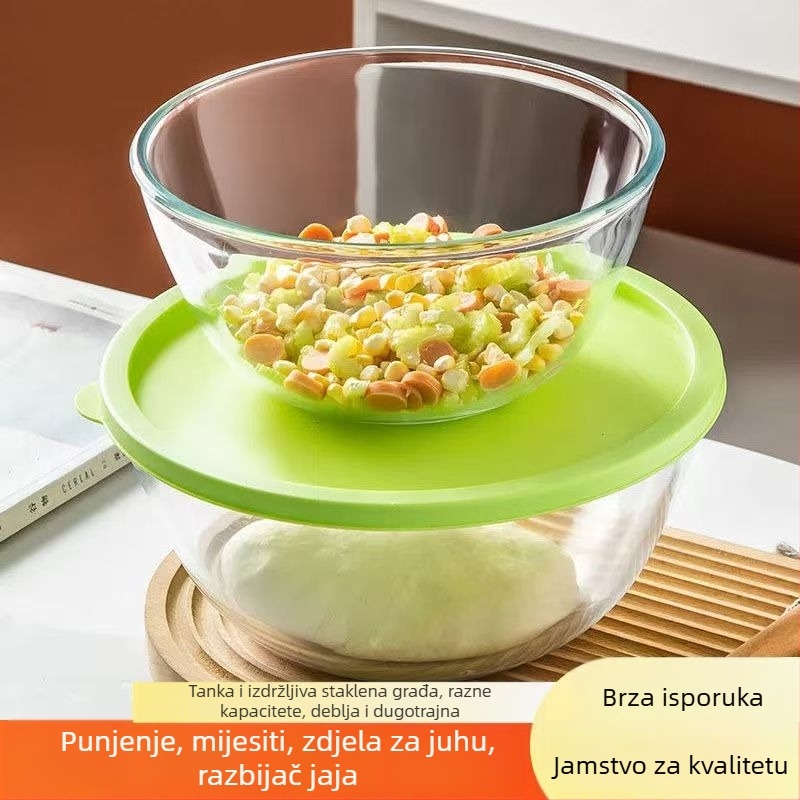 Staklena zdjela za miješanje – otporna na visoke temperature, mikrovalna sigurna, okrugla, moderan minimalistički dizajn; pogodna za mijesanje tijesta, fermentaciju i pečenje