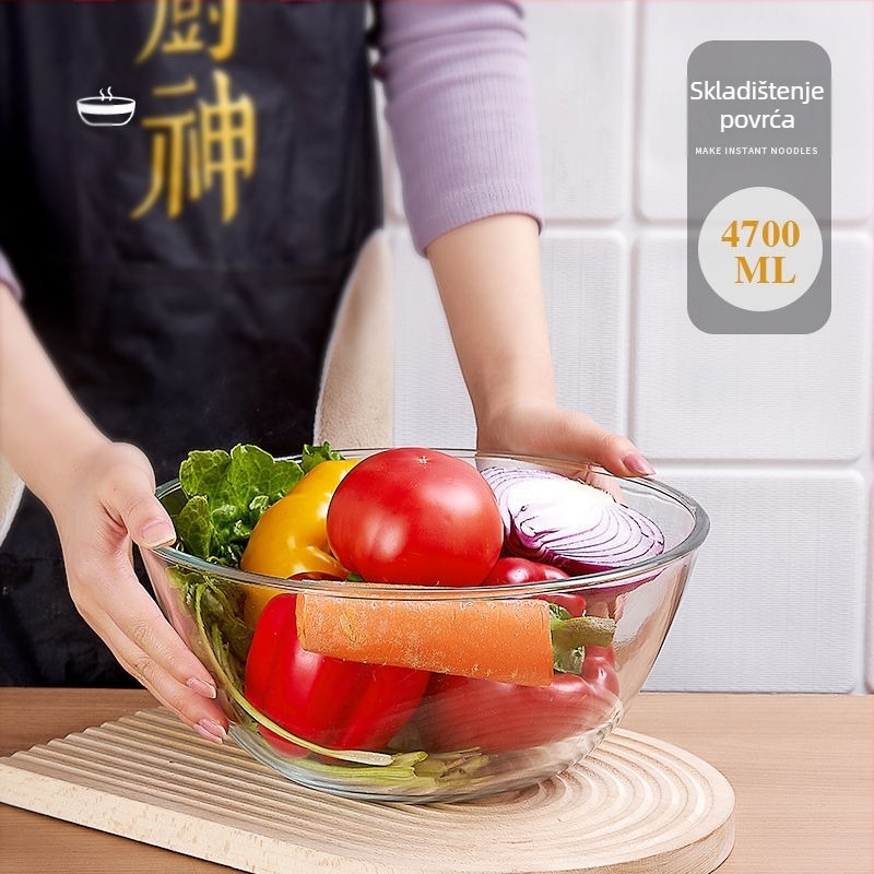 Staklena zdjela za miješanje – otporna na visoke temperature, mikrovalna sigurna, okrugla, moderan minimalistički dizajn; pogodna za mijesanje tijesta, fermentaciju i pečenje