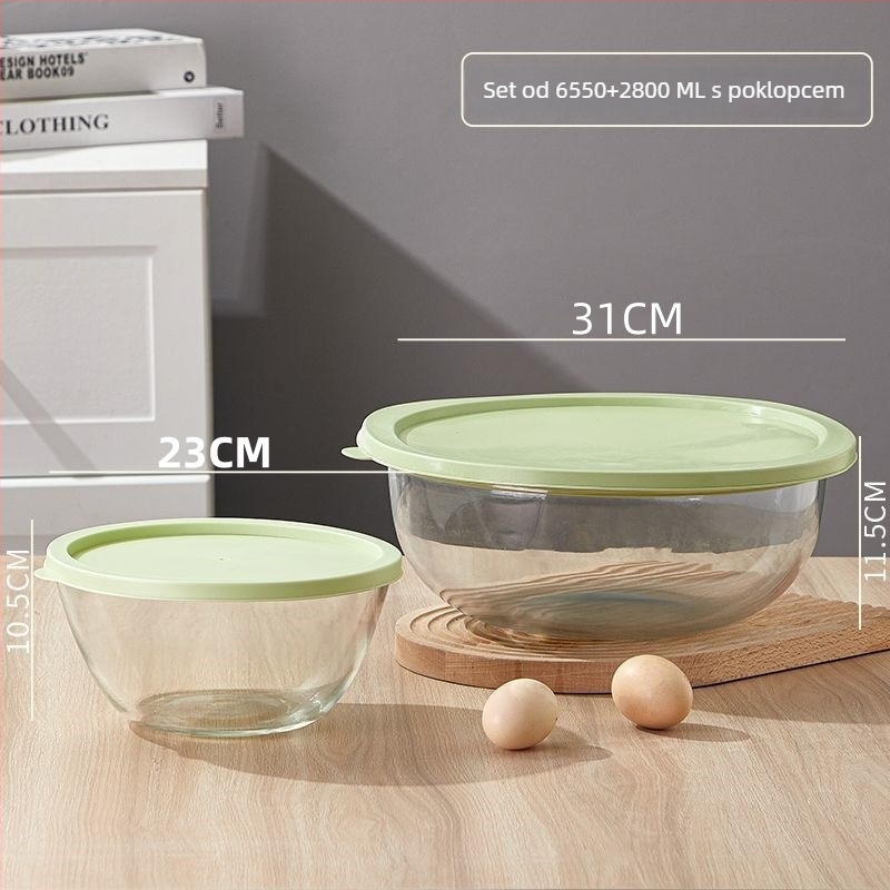 Staklena zdjela za miješanje – otporna na visoke temperature, mikrovalna sigurna, okrugla, moderan minimalistički dizajn; pogodna za mijesanje tijesta, fermentaciju i pečenje