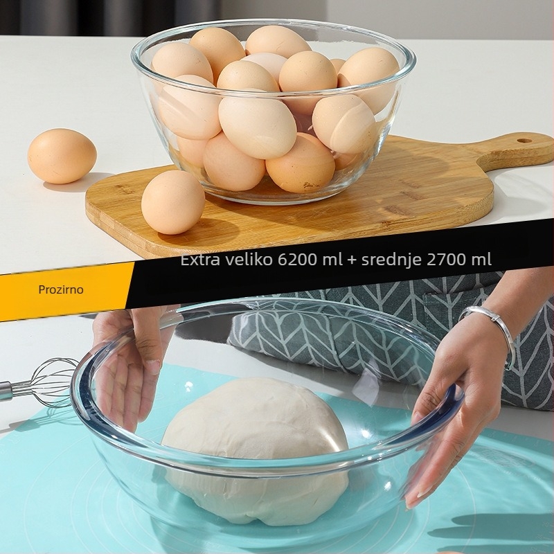 Staklena zdjela za miješanje – otporna na visoke temperature, mikrovalna sigurna, okrugla, moderan minimalistički dizajn; pogodna za mijesanje tijesta, fermentaciju i pečenje