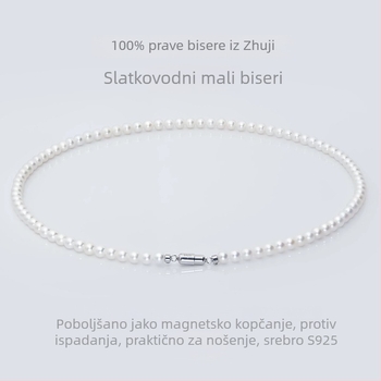 Ogrlica od slatkovodnih bisera, okrugle perle 3-4 mm, bijele, duljina 41-50 cm, srebrni lanac 925, elegantan minimalistički stil