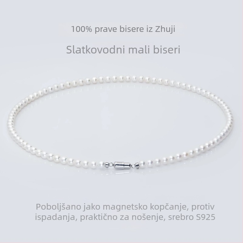 Ogrlica od slatkovodnih bisera, okrugle perle 3-4 mm, bijele, duljina 41-50 cm, srebrni lanac 925, elegantan minimalistički stil