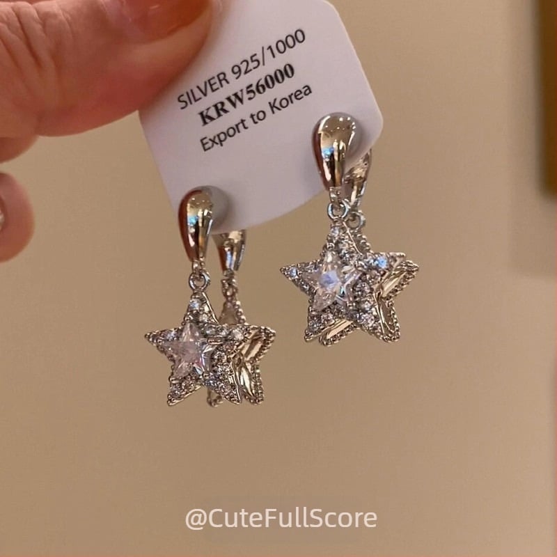 Naušnice dvostrane zvijezde, korejskog stila; legura, elektroplakiranje; 925 srebrni postovi