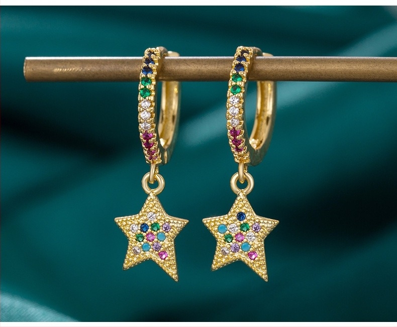 Naušnice zvijezda u obliku s cirkonima, pozlaćeni bakar, nerđajući čelik za udice, visoki rang, unisex