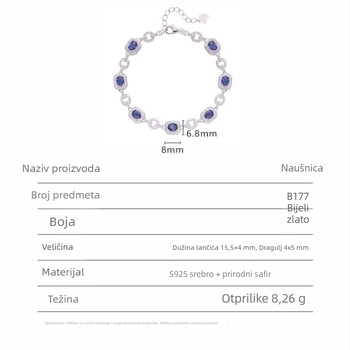 Ženski srebrni narukvica 925 s prirodnim safirom, ugravirani kamenčići, valovito-geometrijski oblik, težina oko 8,26 g