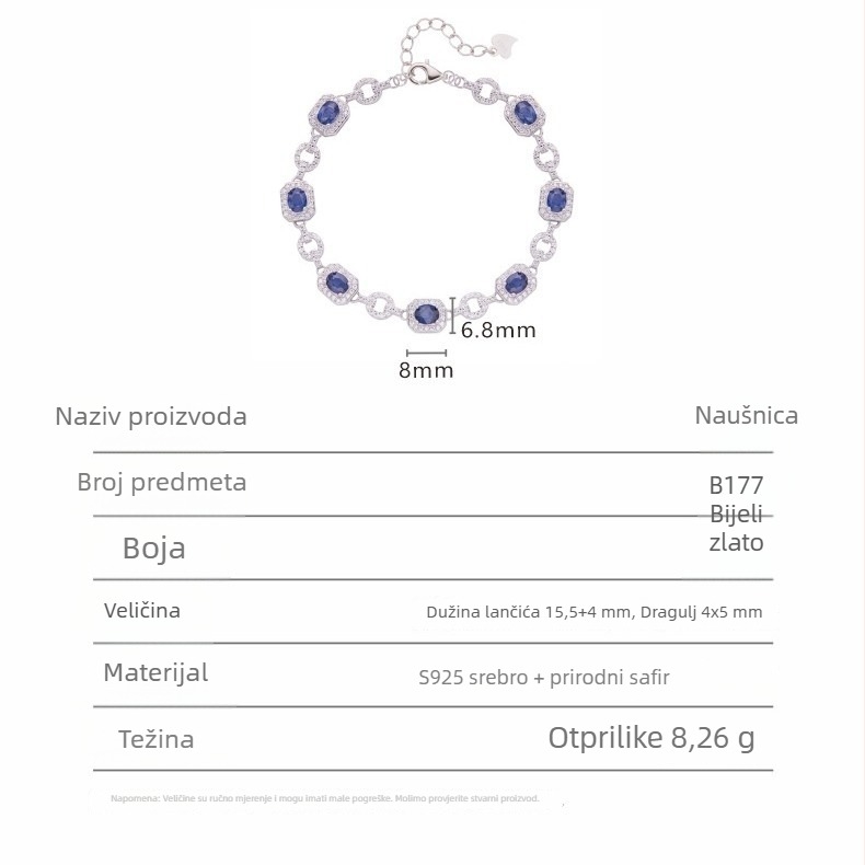 Ženski srebrni narukvica 925 s prirodnim safirom, ugravirani kamenčići, valovito-geometrijski oblik, težina oko 8,26 g