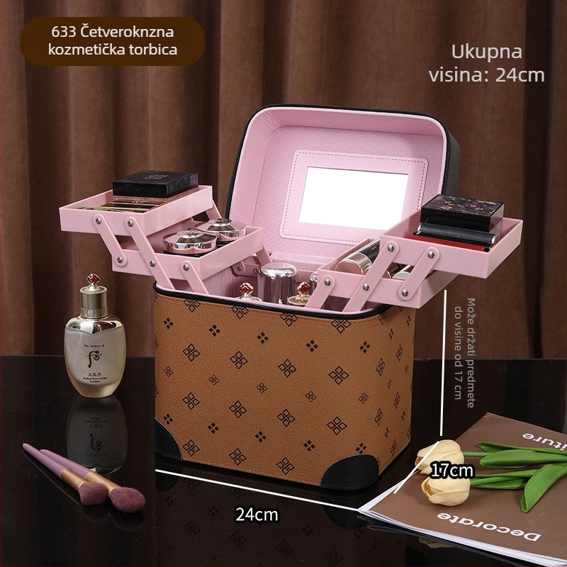 Višeslojni prenosni kozmetički kovčeg s ogledalom, veliki kapacitet, PVC materijal
