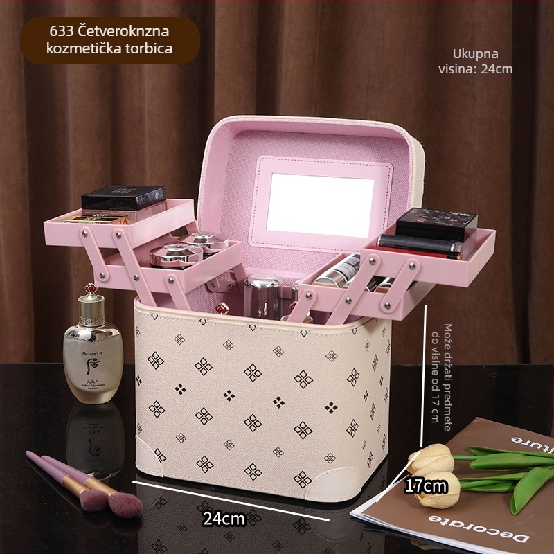Višeslojni prenosni kozmetički kovčeg s ogledalom, veliki kapacitet, PVC materijal
