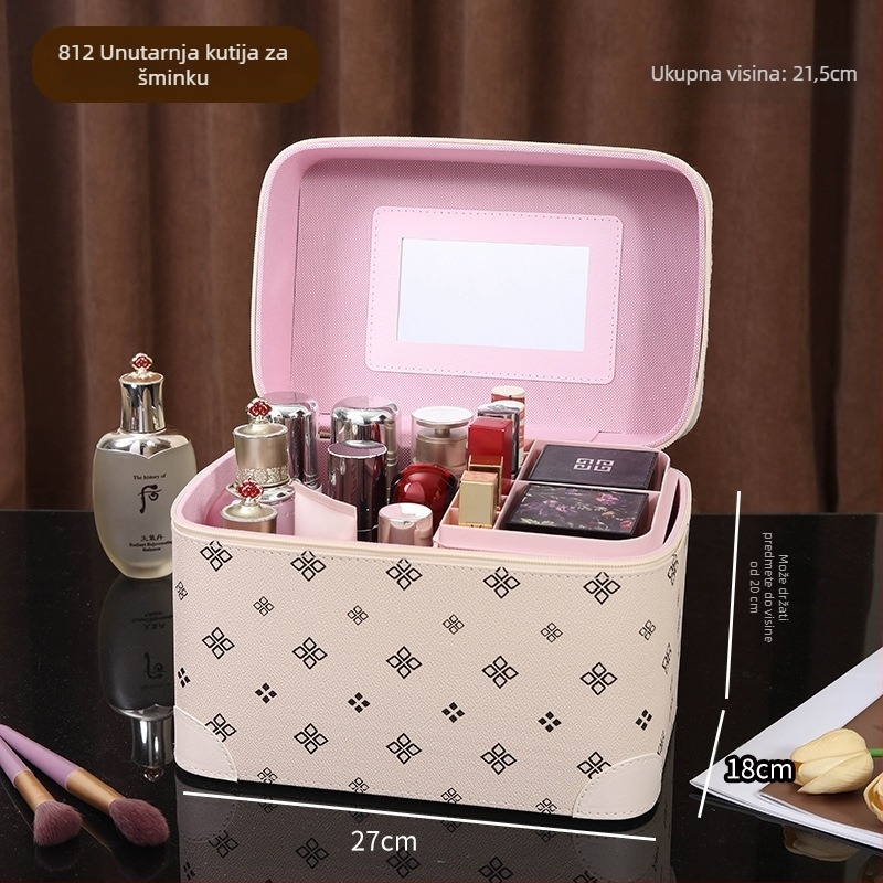 Višeslojni prenosni kozmetički kovčeg s ogledalom, veliki kapacitet, PVC materijal
