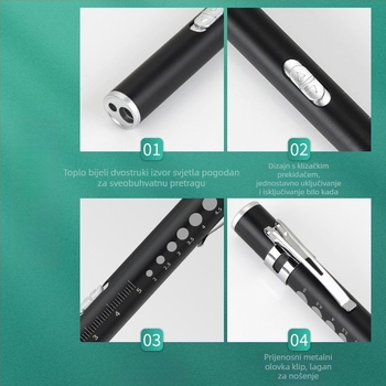 Ručni medicinski pero s dvostrukim izvorom svjetla, USB punjenje, nehrđajući čelik, model FA201B-1