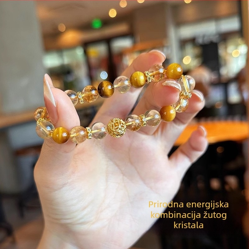 Ženska narukvica od kristala citrina i rutilitnog kvarca – ručna izrada, Yuqi brand, geometrijski oblik, korejski stil