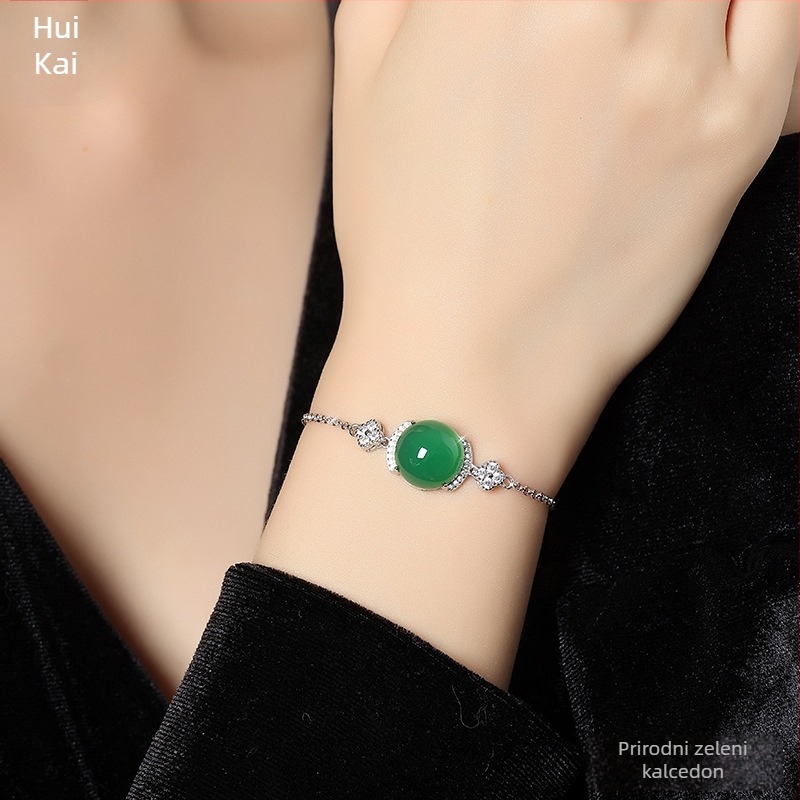 Huikai Jewelry S925 Srebrni set: narukvica i prsten s prirodnim kalcedonom i ahatom – zvjezdasto iridizirajući kamen, ženski minimalistički stil (Live)