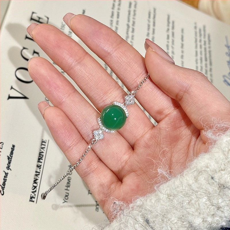 Huikai Jewelry S925 Srebrni set: narukvica i prsten s prirodnim kalcedonom i ahatom – zvjezdasto iridizirajući kamen, ženski minimalistički stil (Live)