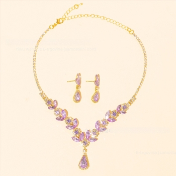 Set ogrlice i naušnica sa kristalima, zlatno ugravirano, privjesak u obliku cvijeta, standardni lanac, duljina 31–40 cm