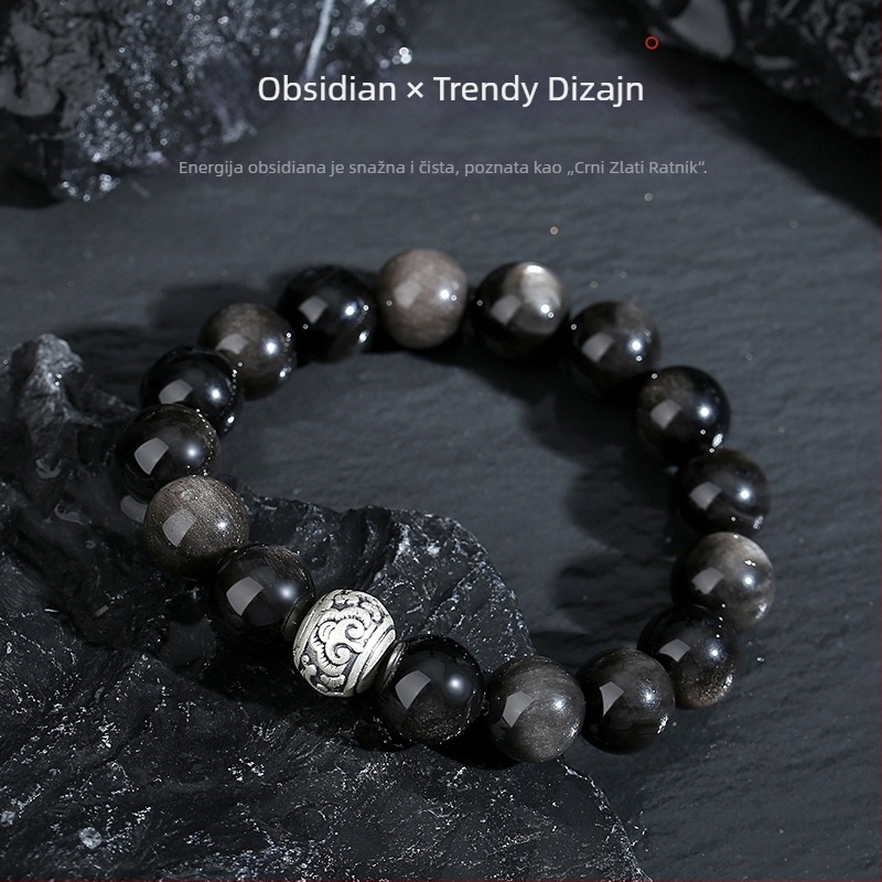 Tychia muška narukvica od obsidijana – vintage stil, distressed obrada, bez umetaka, set od 16 komada