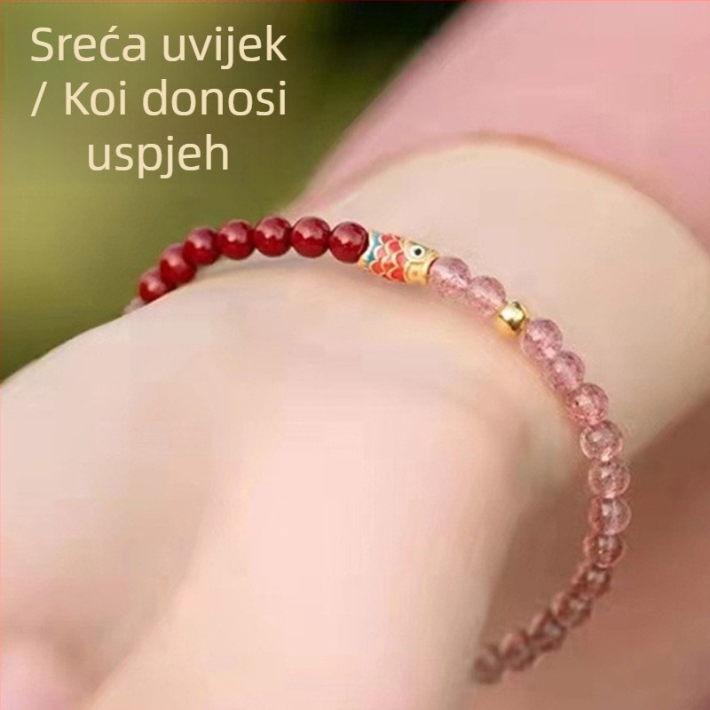 Narukvica od jagodnog kristala, ženski stil, 27 perlica, polirana