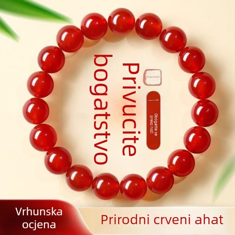 Crvena ahat narukvica, elegantan minimalistički dizajn, 10 mm perle, unisex modni dodatak
