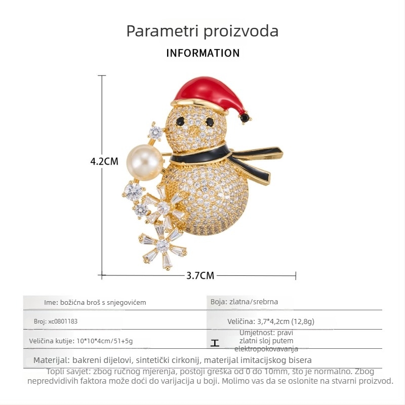 Trodimenzionalna broš Snježni čovjek s cirkonima, bakreno legirani metal s pravim zlatnim premazom, mikro ugradnja, unisex dodatak s elegantnim stilom