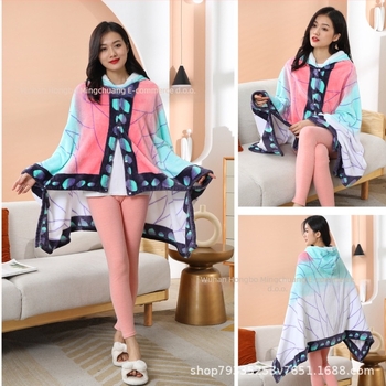 Flanelni šal-ćebe Demon Slayer otisk, velur materijal, cartoon uzorak, glatka tkanina, zadržava toplinu, pogodno za zimu i jesen