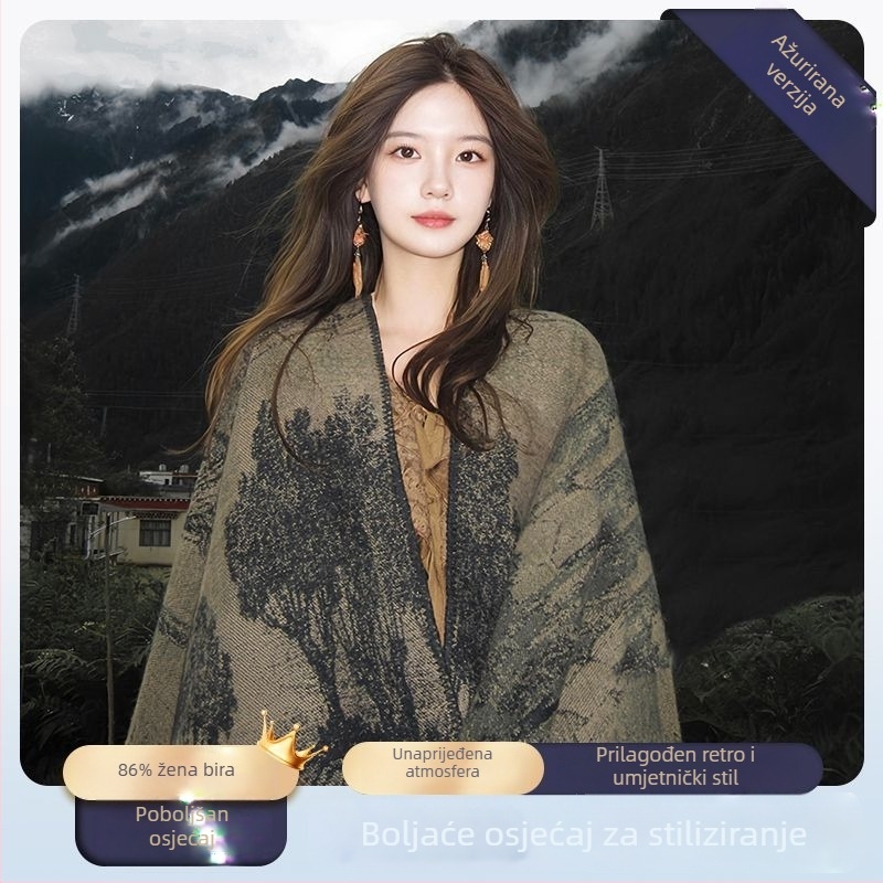 Ženski šal s etno motivom od imitacije kašmira, cvjetni uzorak, kvadratni oblik, zadržava toplinu, pogodan za sva godišnja doba, prilagodba dostupna