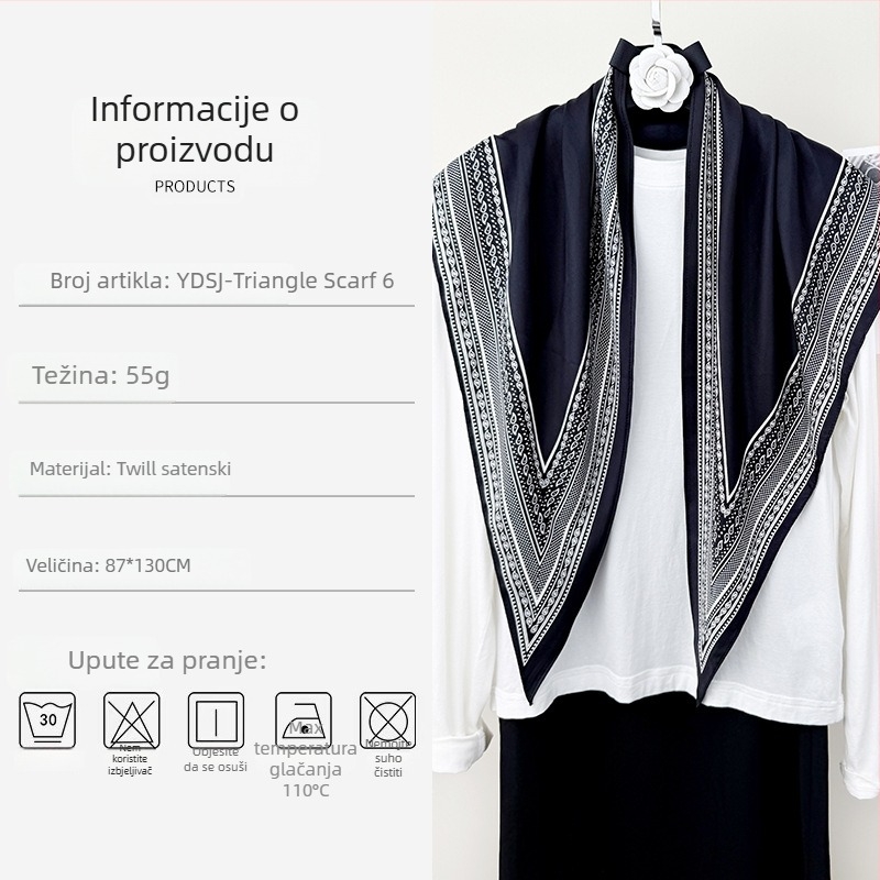 Trokutasti šal, tvil satenski materijal, otisak, Silk charm, jesen 2025