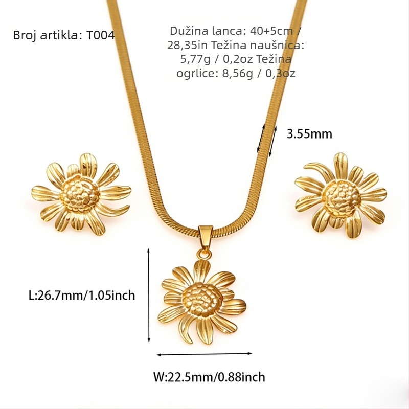 Set ogrlice i naušnica od nehrđajućeg čelika s 18K premazom, motiv margaretke, geometrijski dizajn, lanac blade stila, ukupna težina 8,56 g