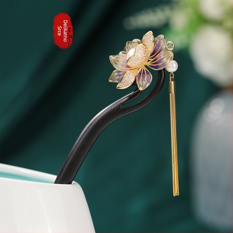 Spona za kosu od ebonijevog drveta s resom pivonije, antički stil, za hanfu i cheongsam