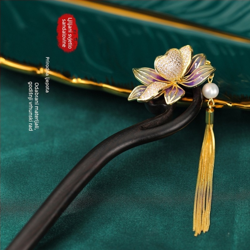 Spona za kosu od ebonijevog drveta s resom pivonije, antički stil, za hanfu i cheongsam