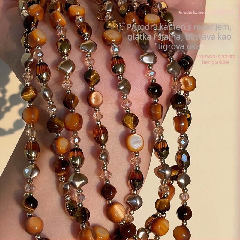 Ogrlica od prirodnog tigrovog oka, višeslojna s kapljastim privjeskom, ručna izrada