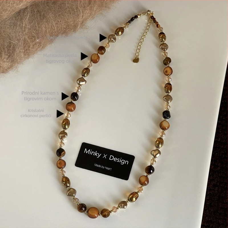 Ogrlica od prirodnog tigrovog oka, višeslojna s kapljastim privjeskom, ručna izrada