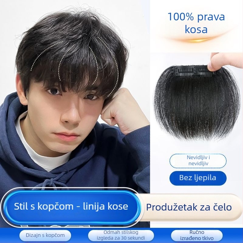 Muški nadomjestak linije kose, jednopojazdni prednji dio, bez šavova, prava kosa, potpuno ručno tkan