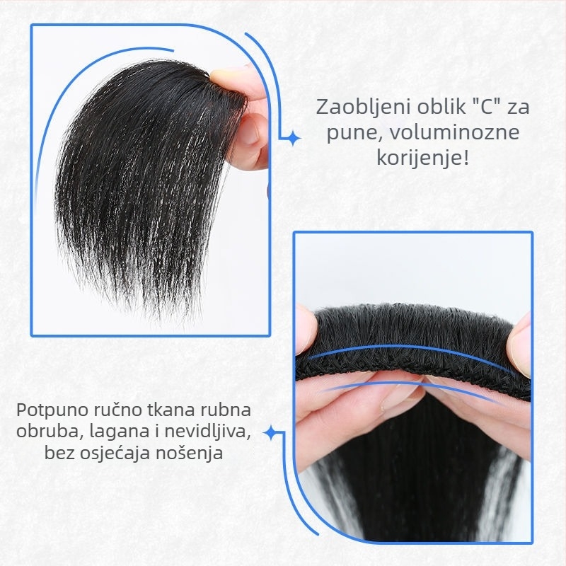 Muški nadomjestak linije kose, jednopojazdni prednji dio, bez šavova, prava kosa, potpuno ručno tkan