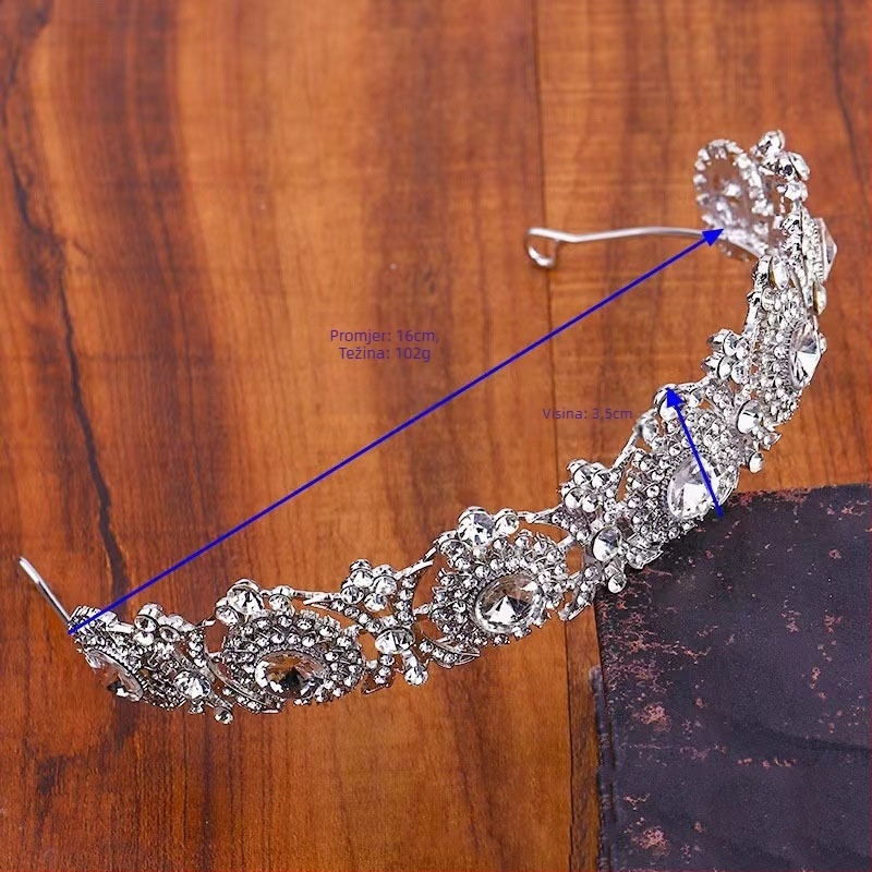 Barokna tiara s mliječno bijelim kristalima – Legura PT900; Kristali: mliječno bijeli; Elektroplatiranje; Stil: Prirodno