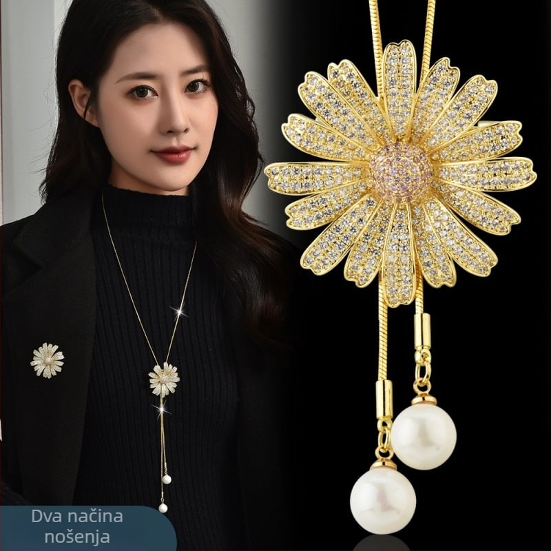 Dugački lanac za džemper s cvjetnim privjeskom, metalni lanac, palladijev privjesak, ugravirani sintetički dragulji