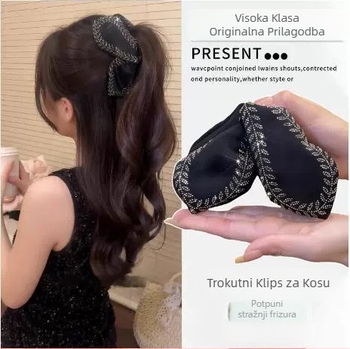 Trokutna klamerica za kosu s blistavim dijamantnim akcentima – ručna izrada, materijal: tekstil, klipse za pričvršćivanje, ženski dodatak