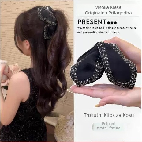Trokutna klamerica za kosu s blistavim dijamantnim akcentima – ručna izrada, materijal: tekstil, klipse za pričvršćivanje, ženski dodatak