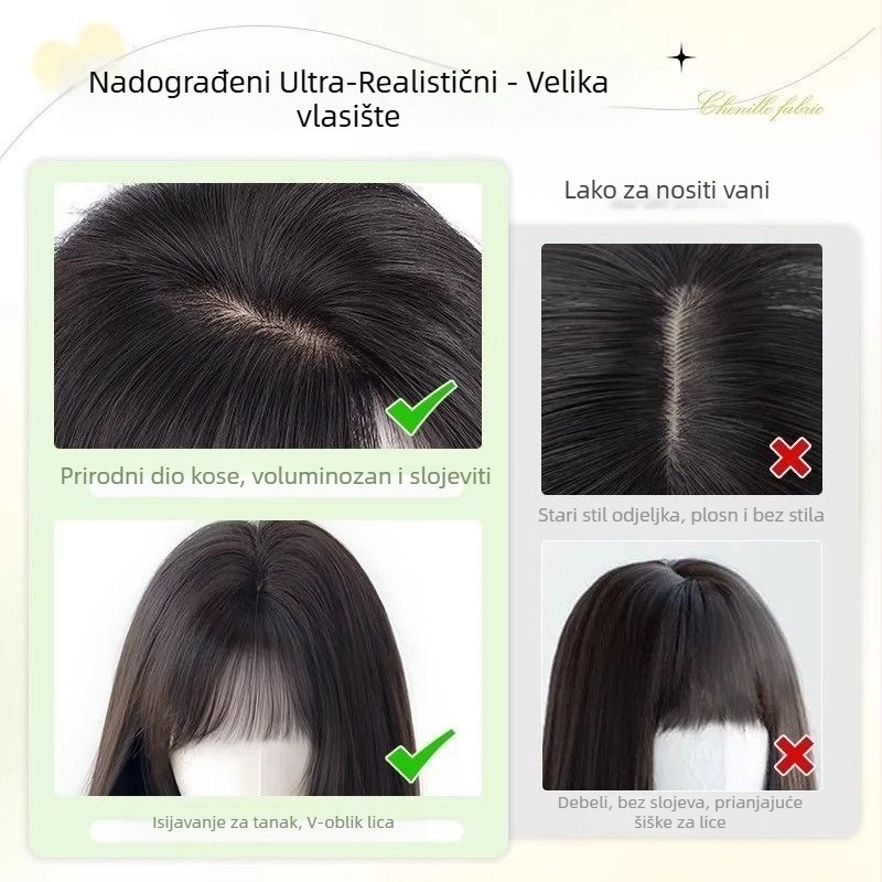 Topper za kosu — duga ravna kosa, prirodan izgled za svakodnevnu upotrebu; materijal: vlakna otporna na visoke temperature; obrada: mehanički proces; ne može se bojiti