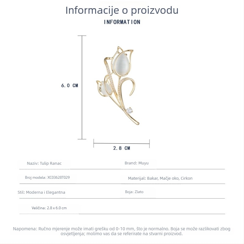 Bakrena tulipanska broš za žene – cvjetni pin s mikro-inlayjem