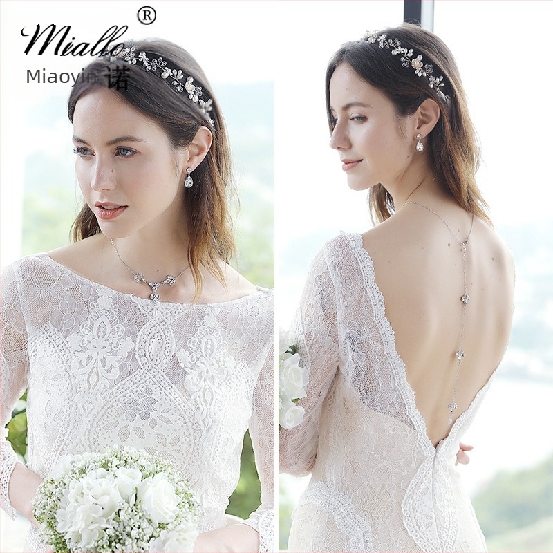 Ogrlica s leđnim lancem i perlama, bijeli kristali, zlatno premazani umjetni dragulji, prilagodljivo