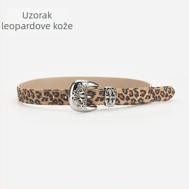 Kožni kaiš za struk s leopard uzorkom, dvostruko sloj kože, spona od zliatiny, kopča s iglom, elektroplatinirani završetak