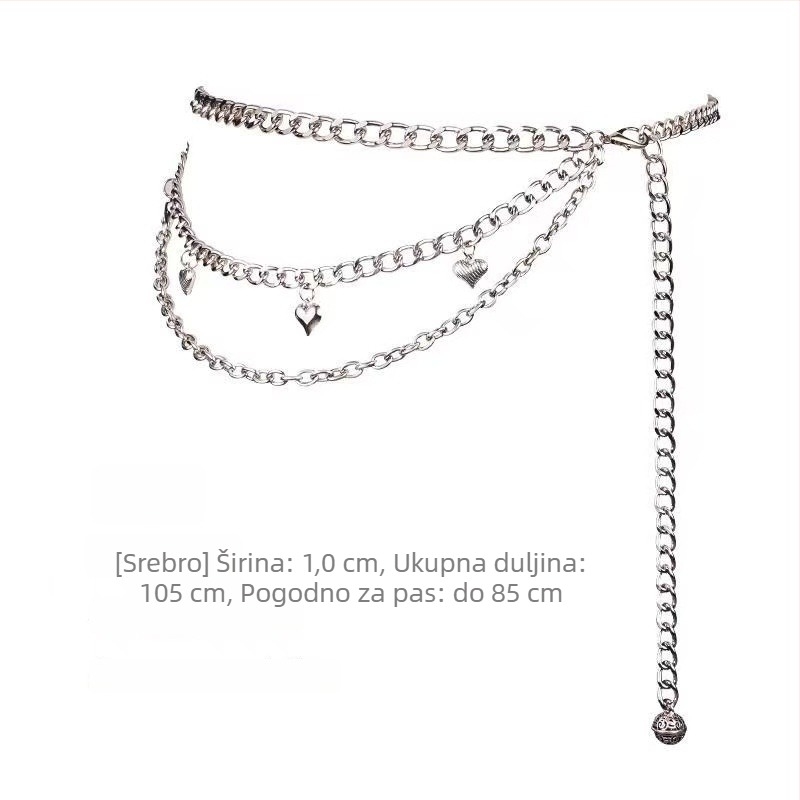 Metalni lanac za struk, duljina 100–105 cm, širina 0.8–1 cm, više kružnih petlji pojasom, marka Youni
