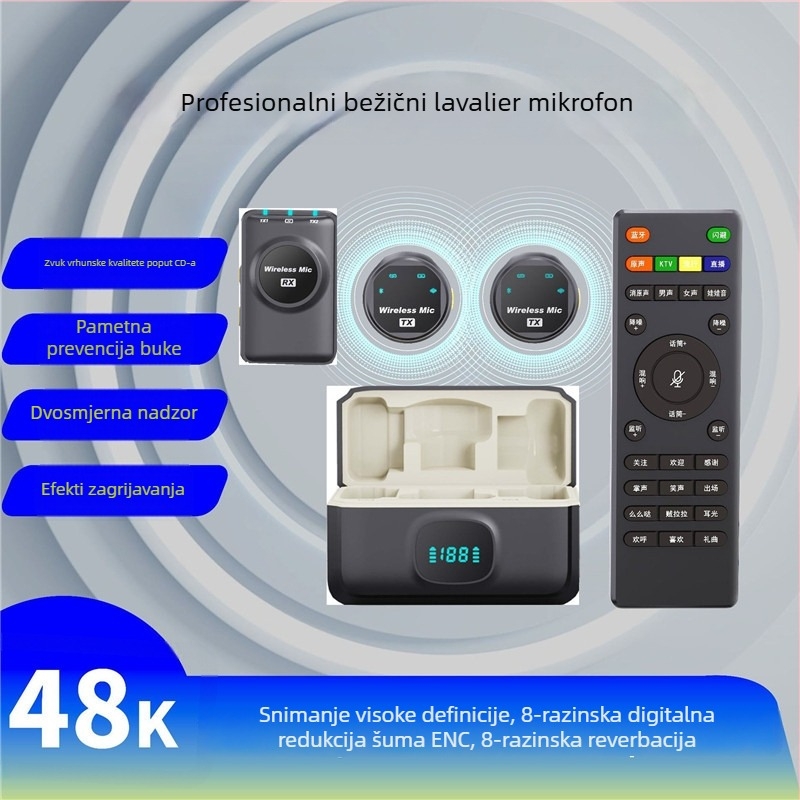 J8 kamera verzija — Žični Lavalier mikrofon za prijenos uživo uz audio sučelje (Praćenje u stvarnom vremenu, Dvosmjerni zvuk, 20 Hz–20 kHz, SNR ≥70 dB, Ugrađena baterija 800–1000 mAh)