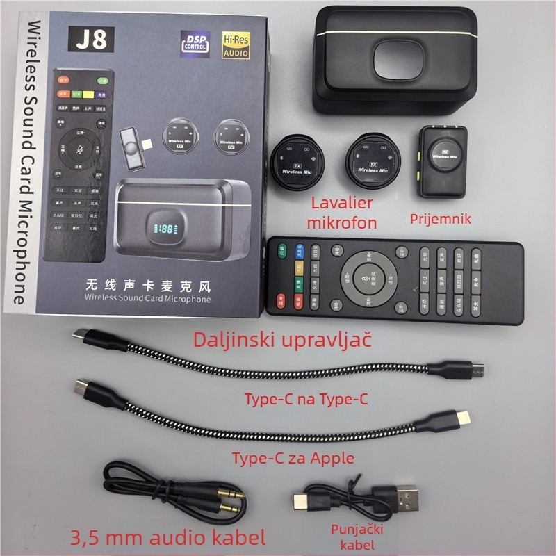 J8 kamera verzija — Žični Lavalier mikrofon za prijenos uživo uz audio sučelje (Praćenje u stvarnom vremenu, Dvosmjerni zvuk, 20 Hz–20 kHz, SNR ≥70 dB, Ugrađena baterija 800–1000 mAh)