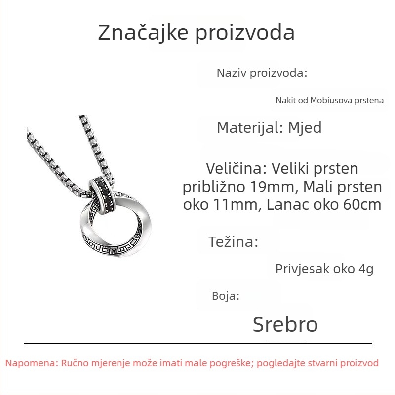 Mobiusov ogrlica za žene — geometrijski oblik, bakar, cirkon, perlovasti lanac, opseg 51–60 cm