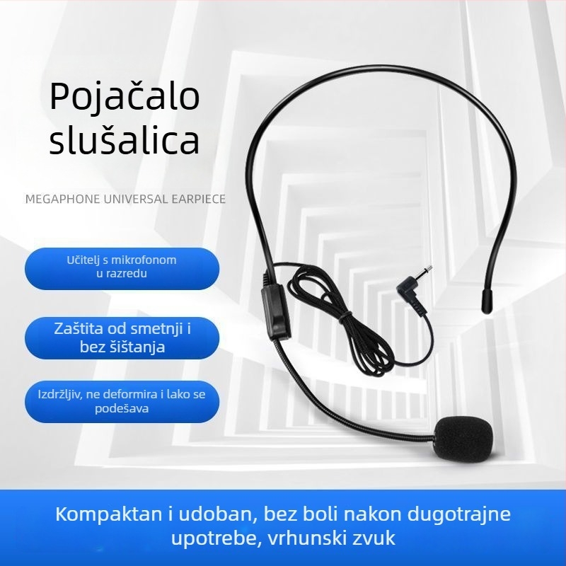 Zvučni mikrofon sa slušalicom i ugrađenim pojačivačem, kabelski turistički mikrofon za učionicu — ugrađena baterija, trajanje >12h, Bluetooth 1.1, SNR <60 dB