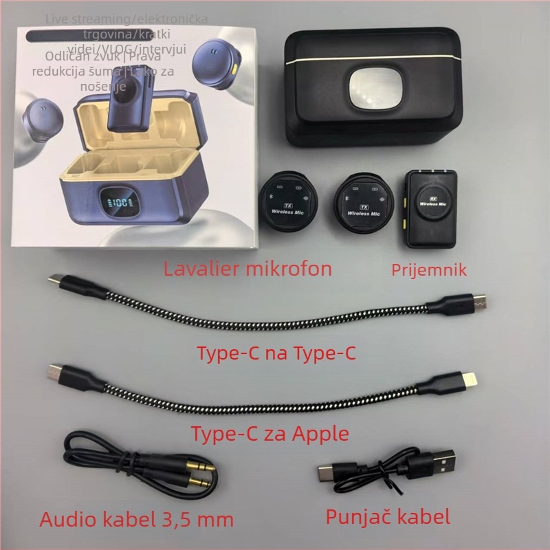J8 kamera verzija zvučne kartice za prijenos uživo s Lavalier mikrofonom, Bluetooth 5.0, ugrađena baterija 800–1000 mAh, frekvencijski raspon 20 Hz–20 kHz, SNR ≥70 dB